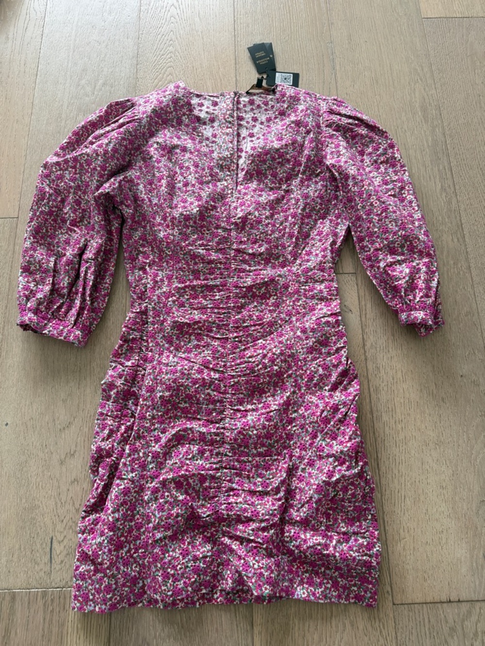 Maje Pink Floral Ruched Mini Dress with Puff Sleeves
